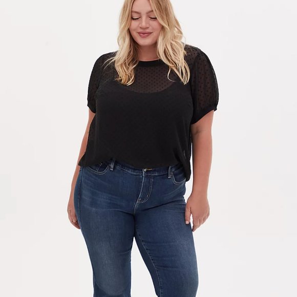 torrid Tops - Torrid Black Polka Dot Crinkle Chiffon Top Sheer Tee Short Sleeve 3X Keyhole